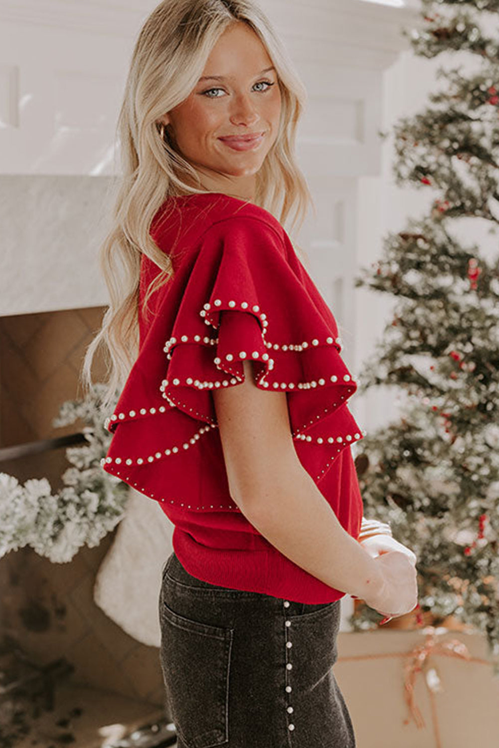 Racing Red Pearl Embellished Double Ruffle Short Sleeve Sweater