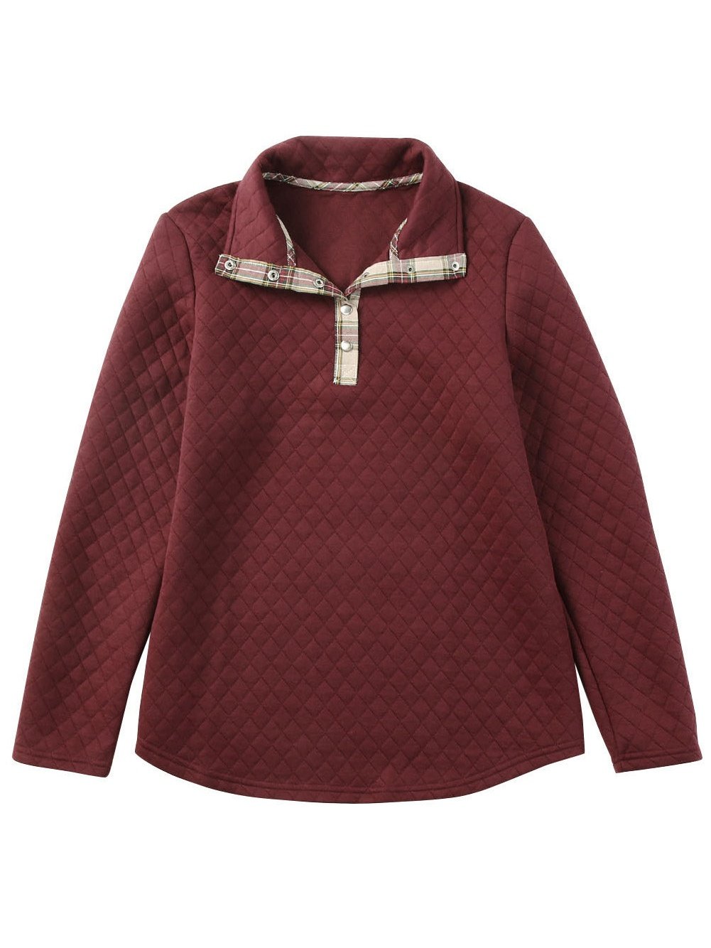 Fiery Red Plaid Trim Sweatshirt with Geometric Detail