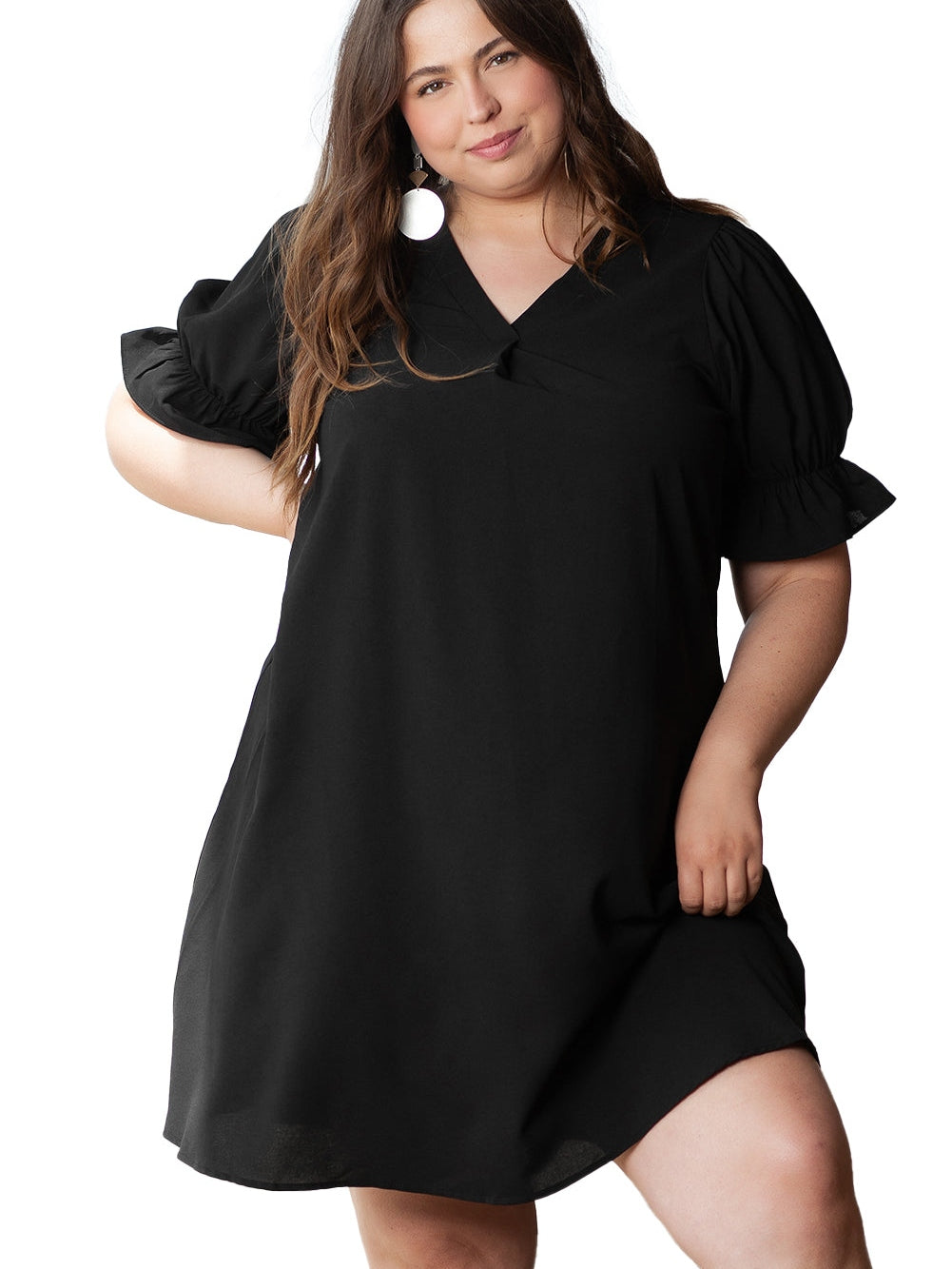 Black Solid Ruffled Puff Sleeve V Neck Plus Size Mini Dress