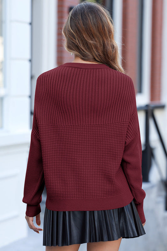 Burgundy Solid Color Mixed Textured Knitted Crew Neck Sweater