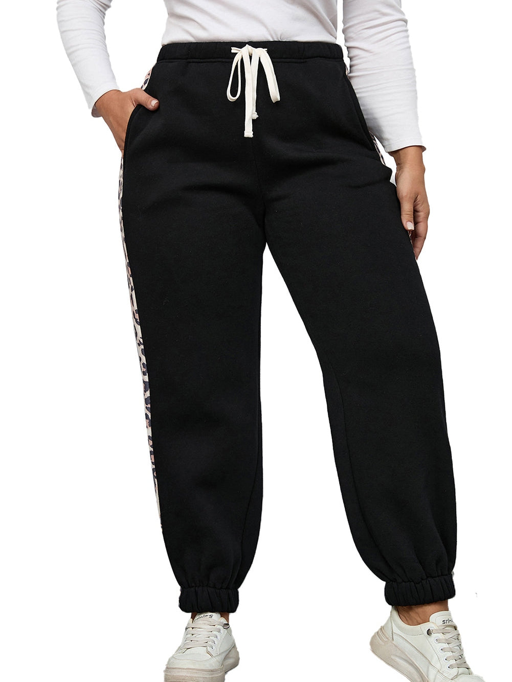 Leopard Patchwork High Waist Joggers for Plus Size Women