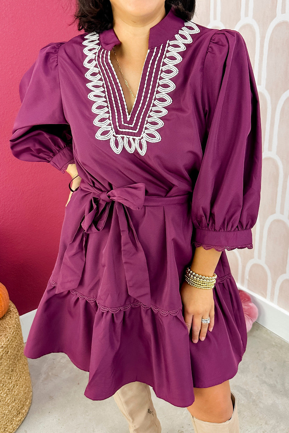 Violet Plus Contrast Detail V Neck Lace Trim 3/4 Sleeve Belted Mini Dress