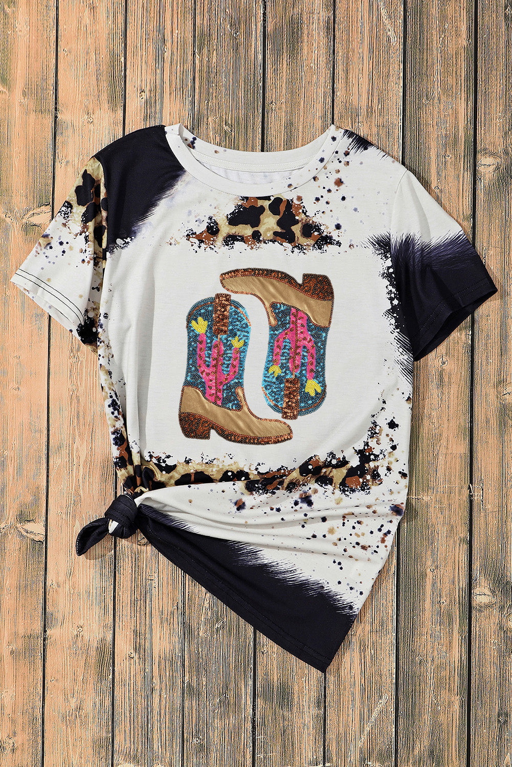 Leopard Cowboy Boots Graphic T Shirt with Sequin Cactus Detail