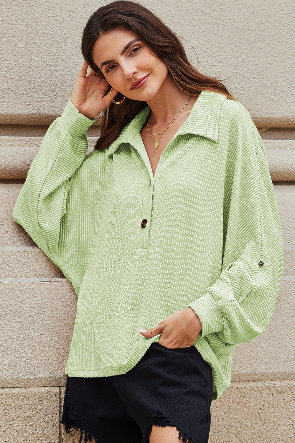 Clearly Aqua Oversized Twist Ribbed Collared Henley Top with Roll up Sleeve
