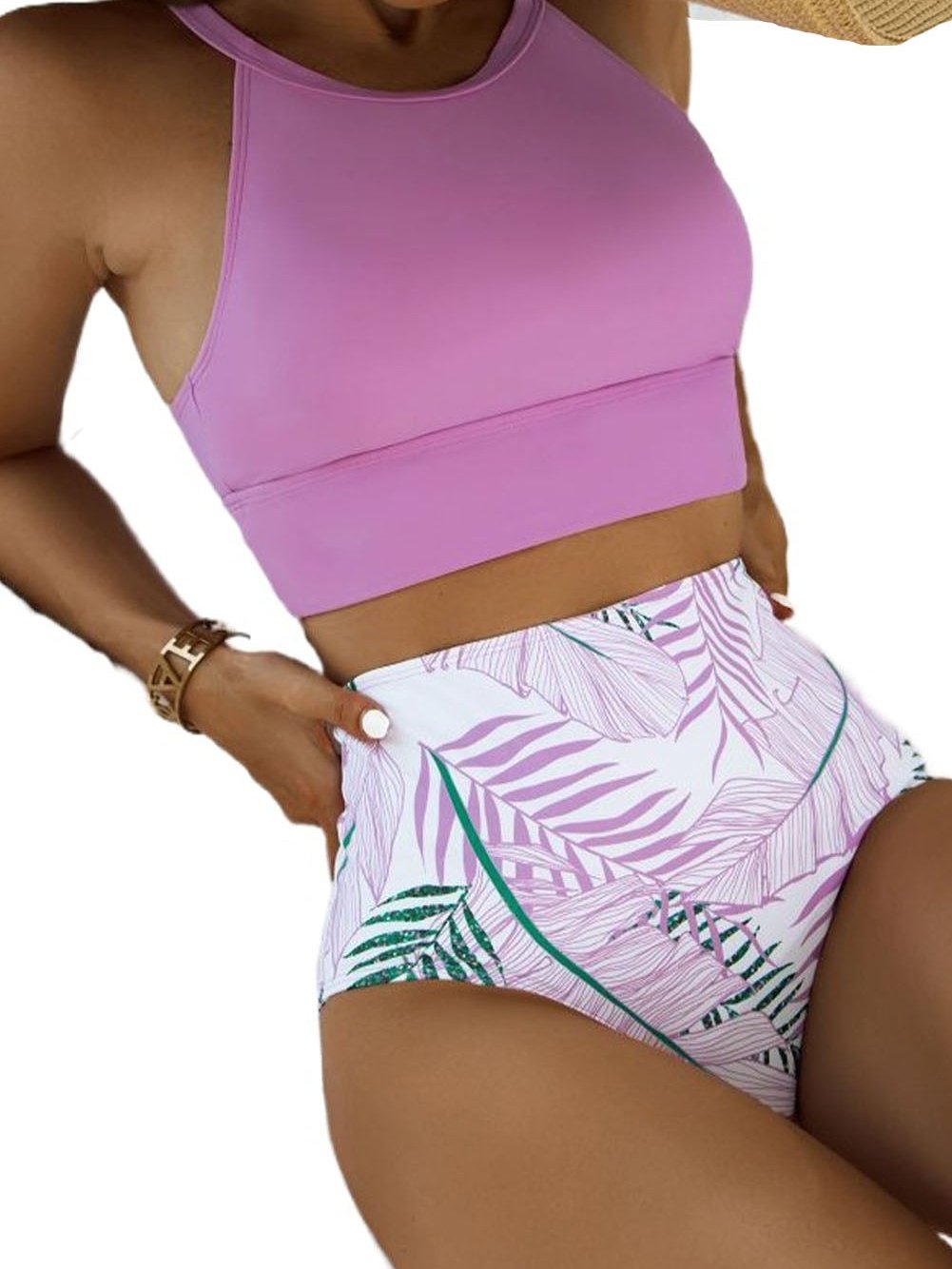 Lavender Halter Neck Floral Print High Waist Bikini Set