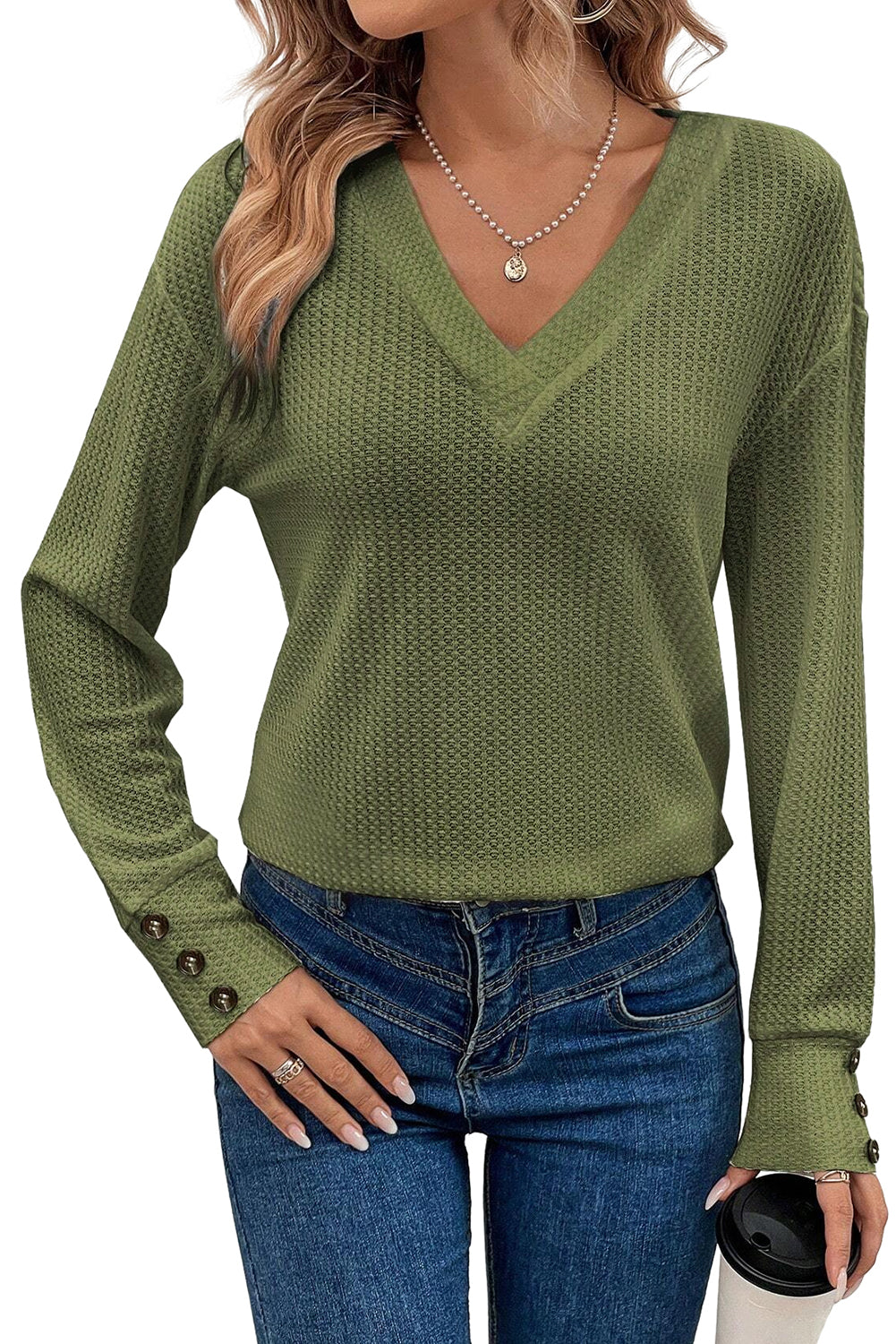 Jungle Green Waffle Knit V Neck Buttoned Long Sleeve Top