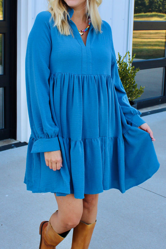 Blue Plus Size Split Neck Collared Tiered Flowy Long Sleeve Dress