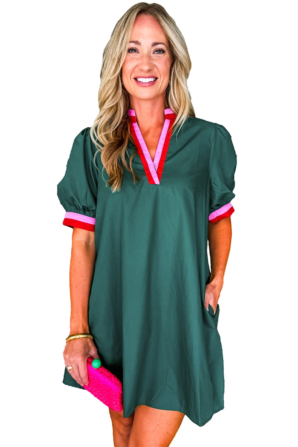 Evergreen Contrast Striped Notched V Neck Puff Sleeve Mini Dress