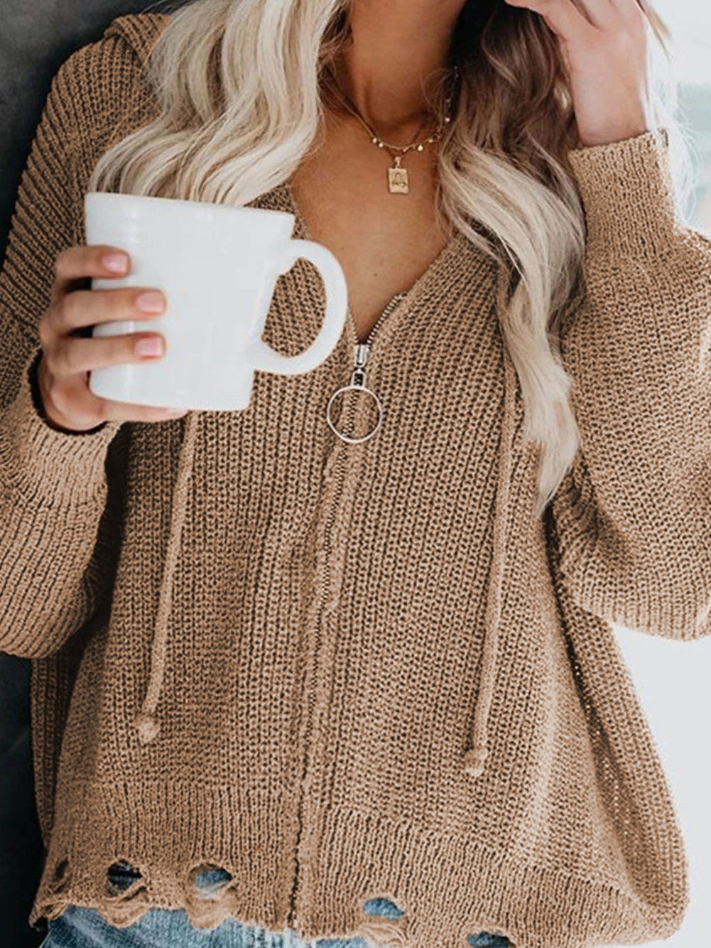 Khaki Hooded V-neck Zip-Up Solid Sweater with Dropped Sleeves