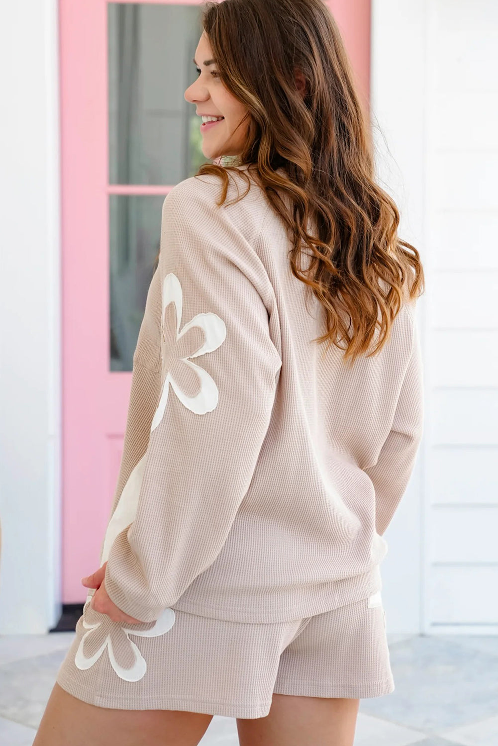 Smoke Gray Flower Patched Waffle Pullover and Matching Shorts Set