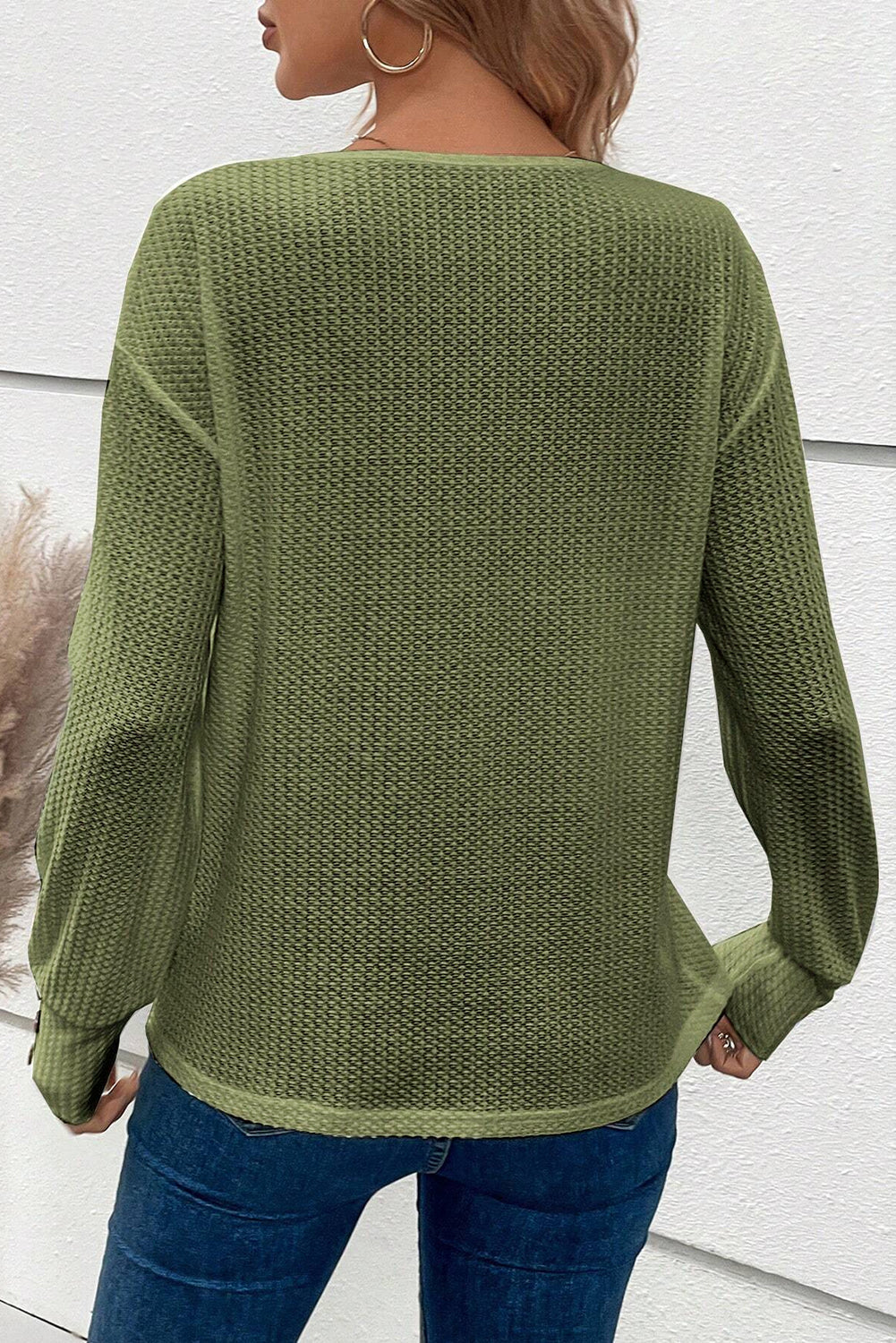 Jungle Green Waffle Knit V Neck Buttoned Long Sleeve Top