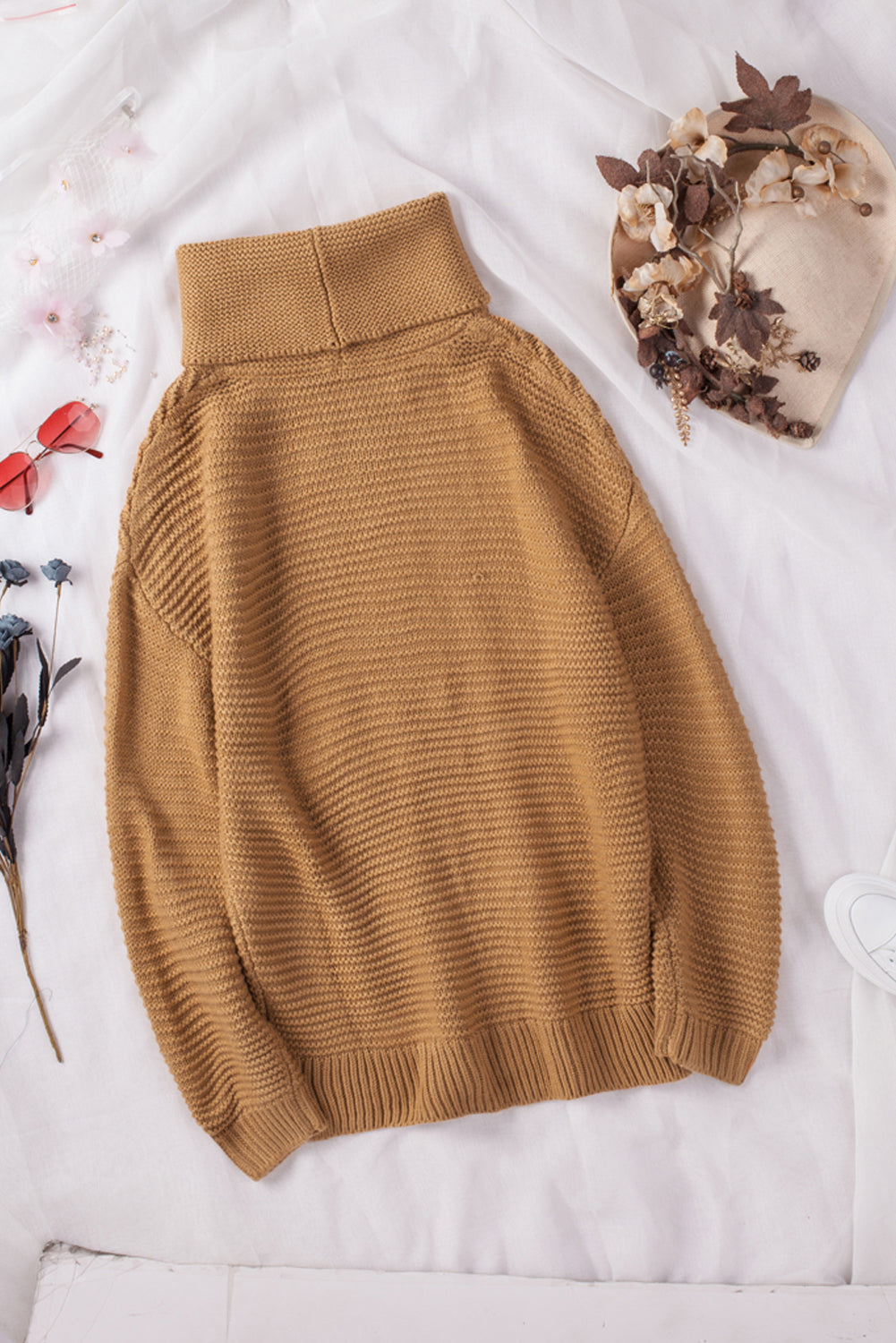 Khaki Warm and Cozy Turtleneck Sweater with Long Sleeves