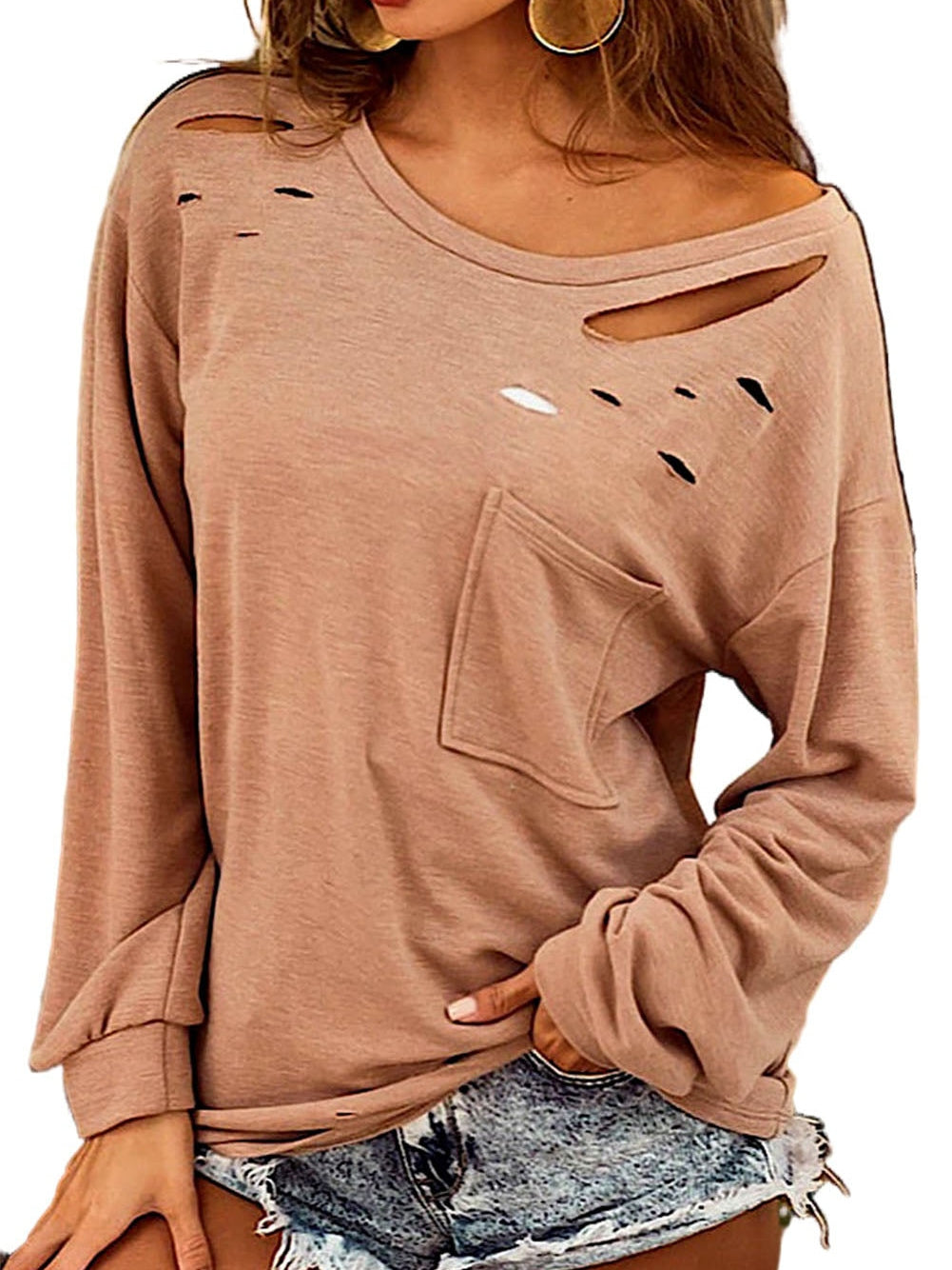Khaki Knit Distressed Patch Pocket Long Sleeve Top