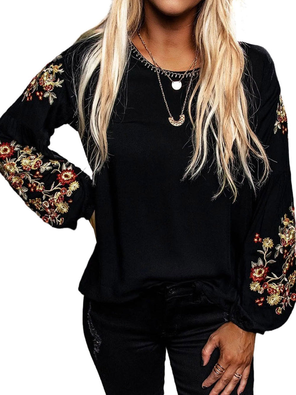 Elegant Floral Embroidered Black Top