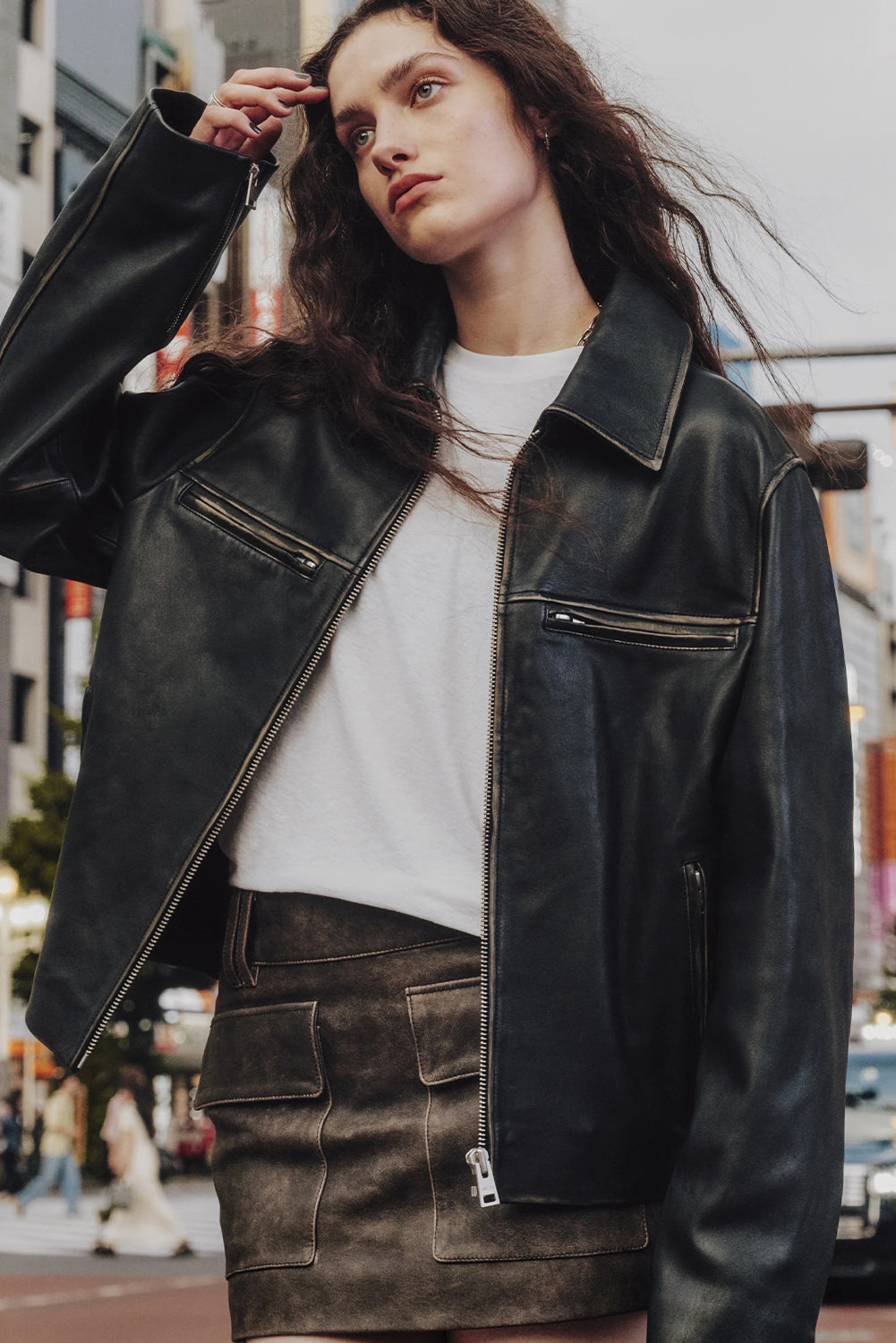 Black Faux Leather Zip Slit Pockets Street Fashion Jacket