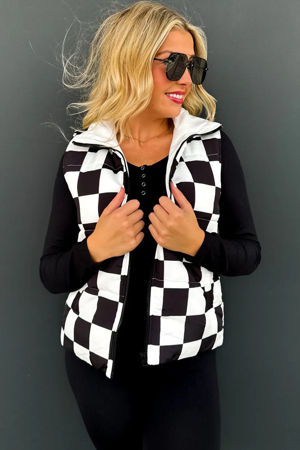 Black Checkered Print Quilted Detail Zip Up Winter Vest