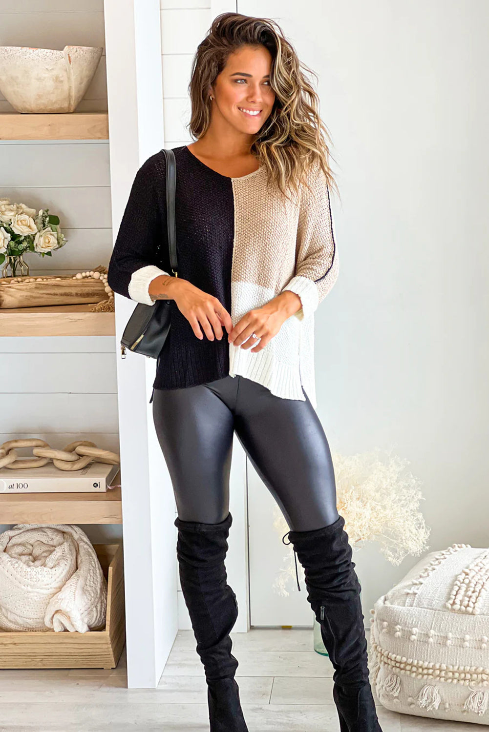 Black Color Block Knit V Neck Loose Sweater