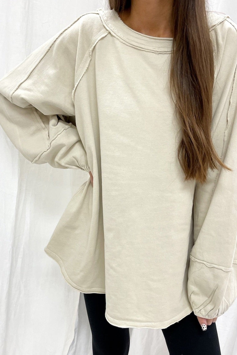 Beige Solid Color Raw Seam Patchwork Baggy Sweatshirt