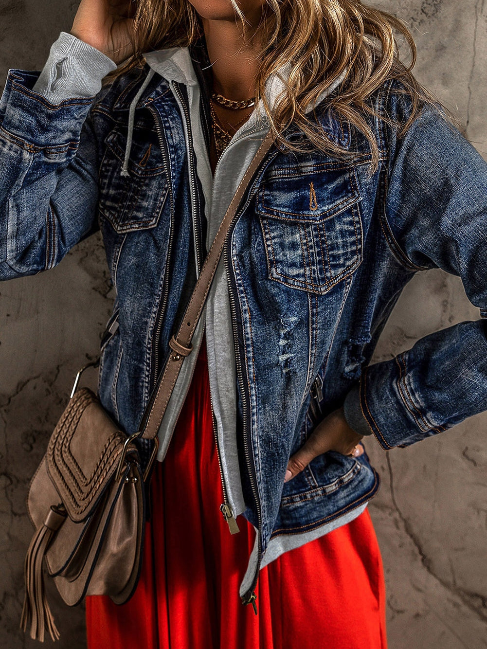 Layered Dark Blue Hooded Zip-Up Denim Jacket with Distressed Detail