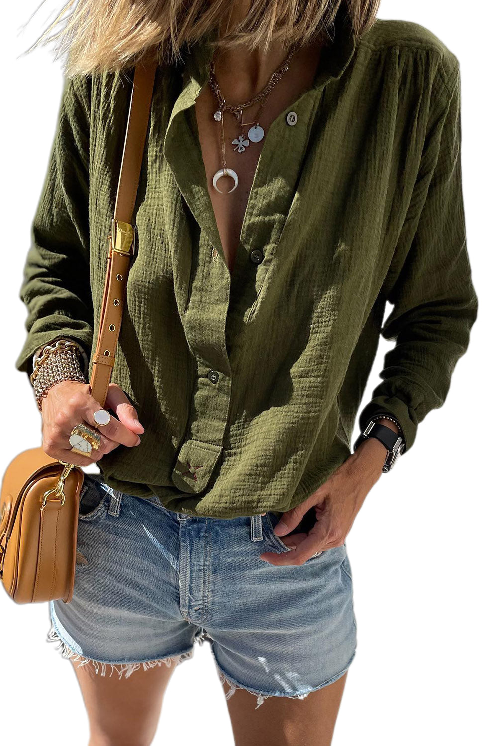 Green Crinkle Textured Button Front Jungle Shirt