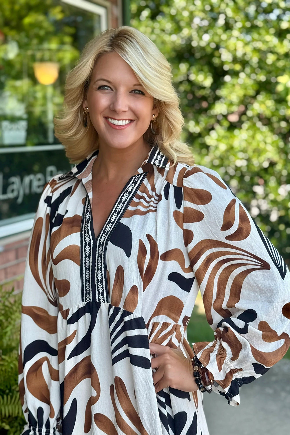 Brown Tropical Printed Contrast Trim Neck Long Sleeve Ruffle Hem Dress