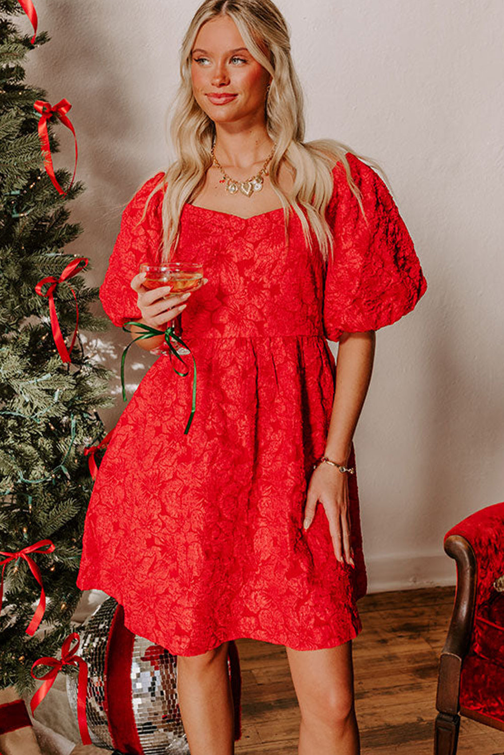 Fiery Red Christmas Fashion Short Puff Sleeve Jacquard Mini Dress