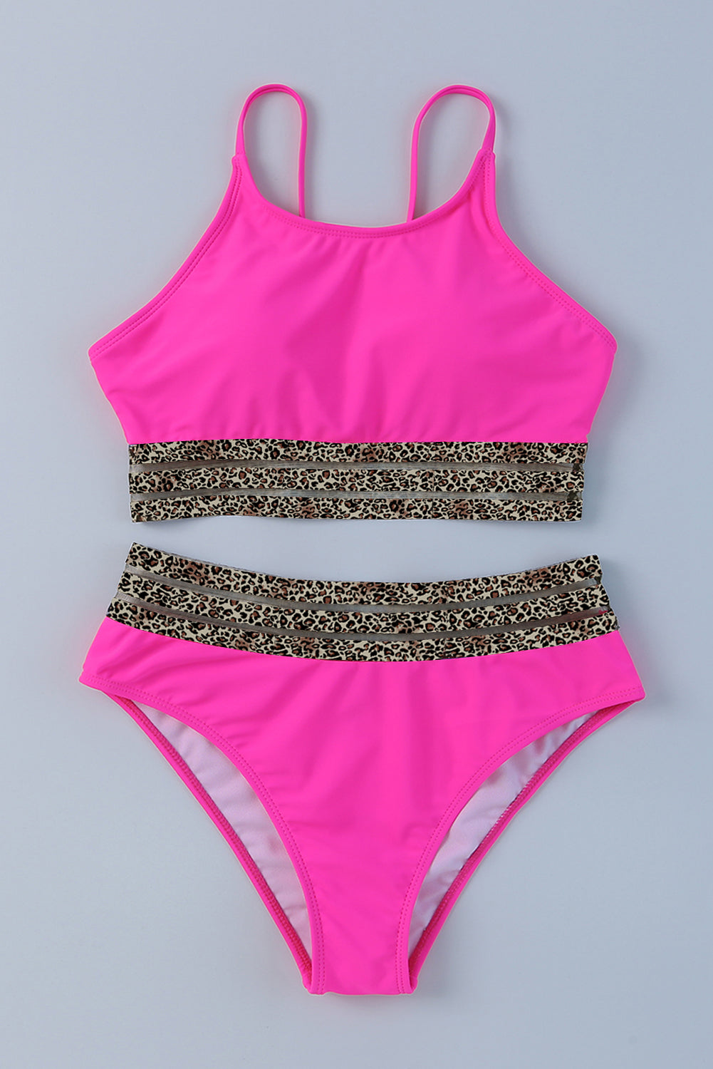 Leopard Mesh Trim Rosy Bikini Set with High Waist Bottom
