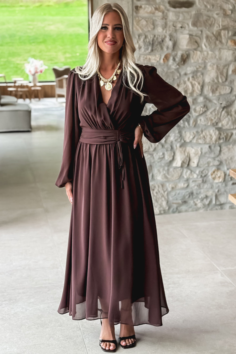 Dark Brown Solid Color Long Sleeve V Neck Pleated High Waist Maxi Dress