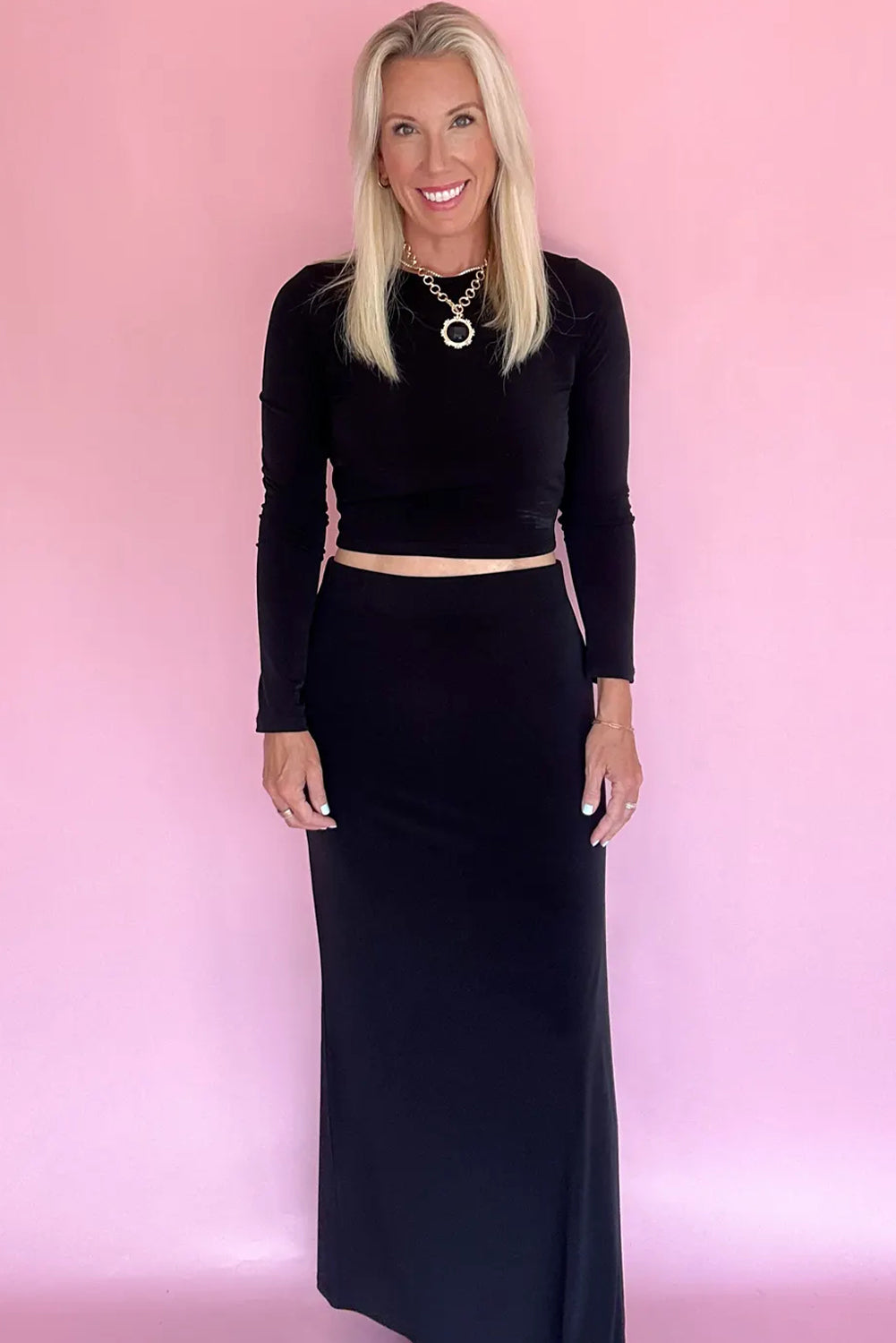 Black Cropped Bodycon Long Sleeve Top Long High Waist Skirt Set