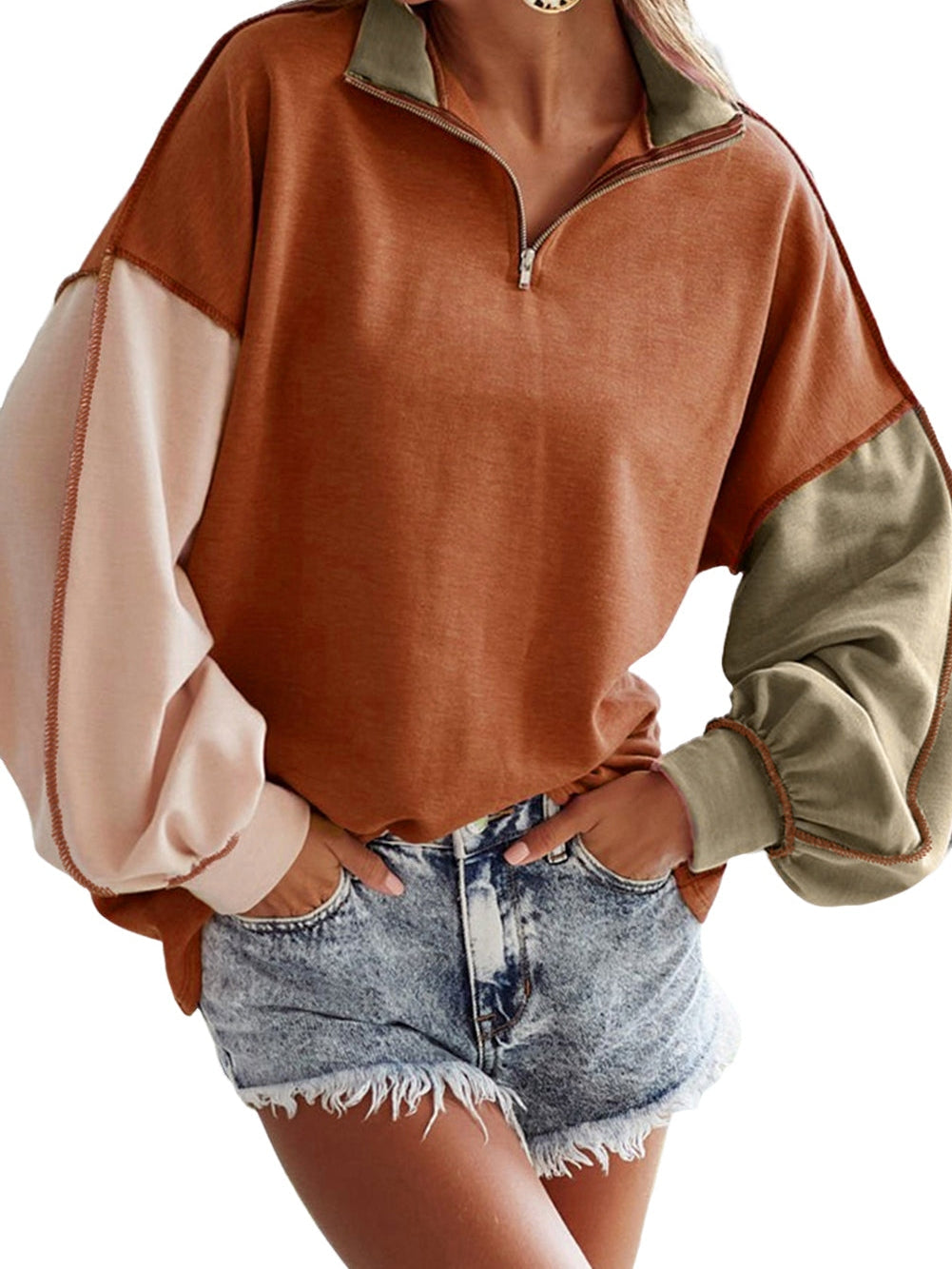 Khaki Zippered V-Neck Color Block Sweatshirt