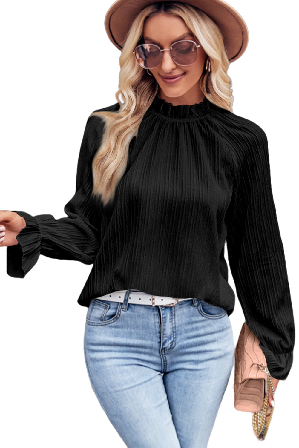 Elegant Black Ripple Sleeve Blouse with Frilled Stand Neck