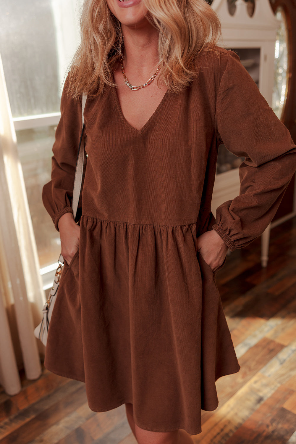 Coffee Corduroy V Neck Long Sleeve Loose Fit Dress
