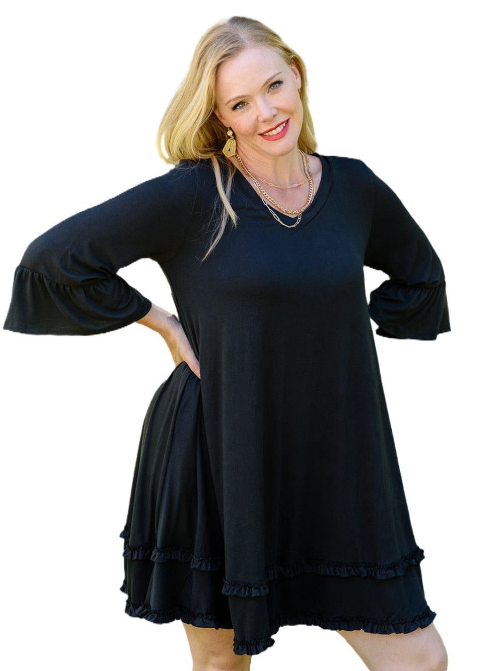 Black Plus Size Ruffled Trim 3/4 Sleeve Dress