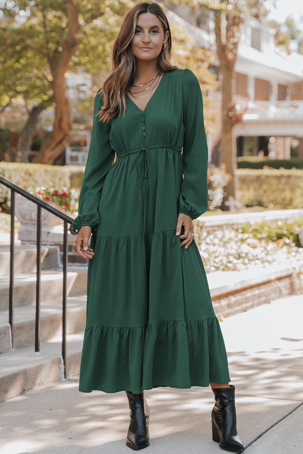 Blackish Green Solid Long Sleeve Button V Neck Tiered Maxi Dress