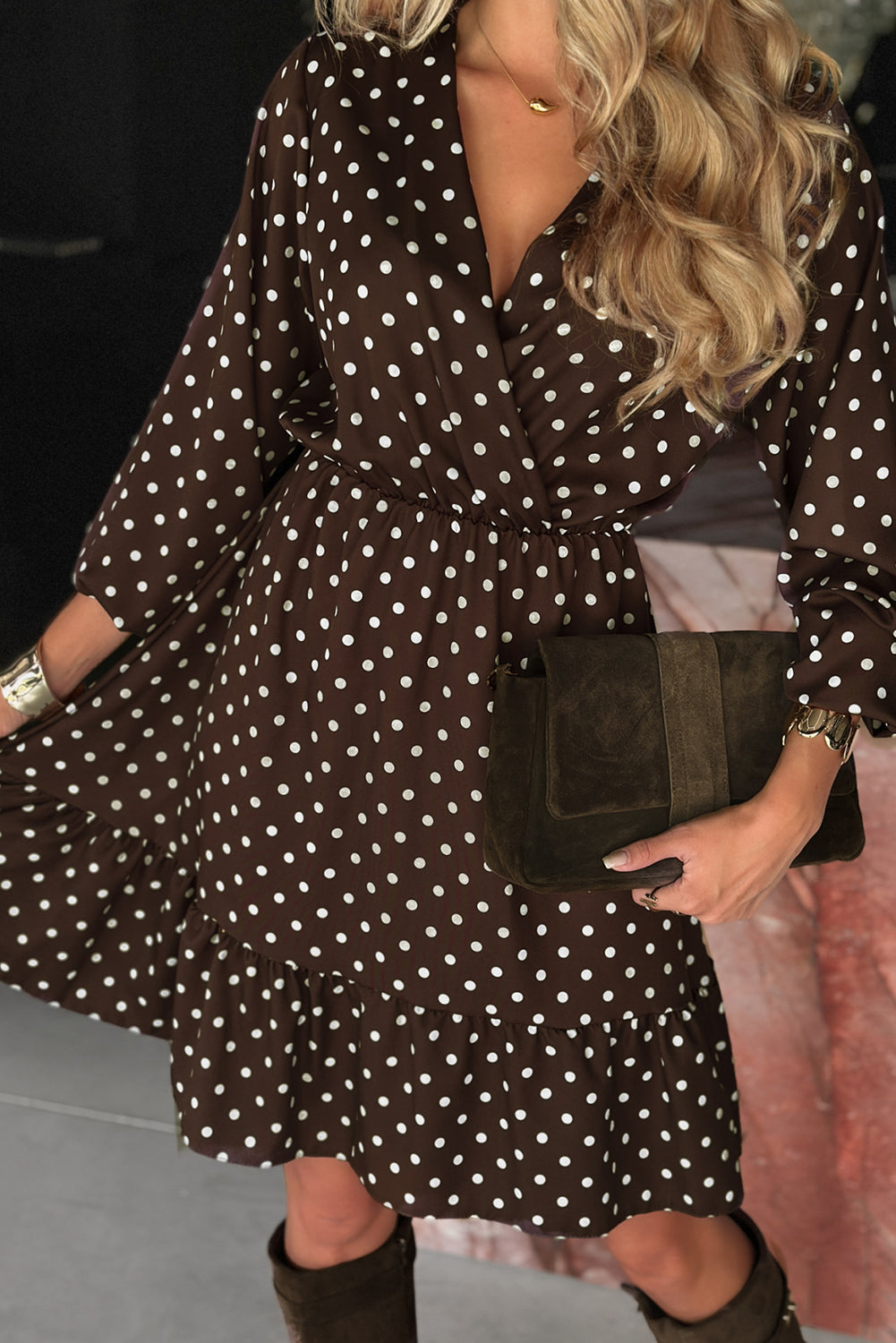 Chicory Coffee Polka Dot Long Sleeve Wrap V Neck Ruffle Hem Mini Dress