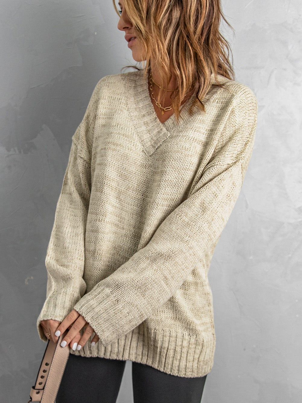 Khaki Drop Shoulder V-Neck Knit Pullover Sweater