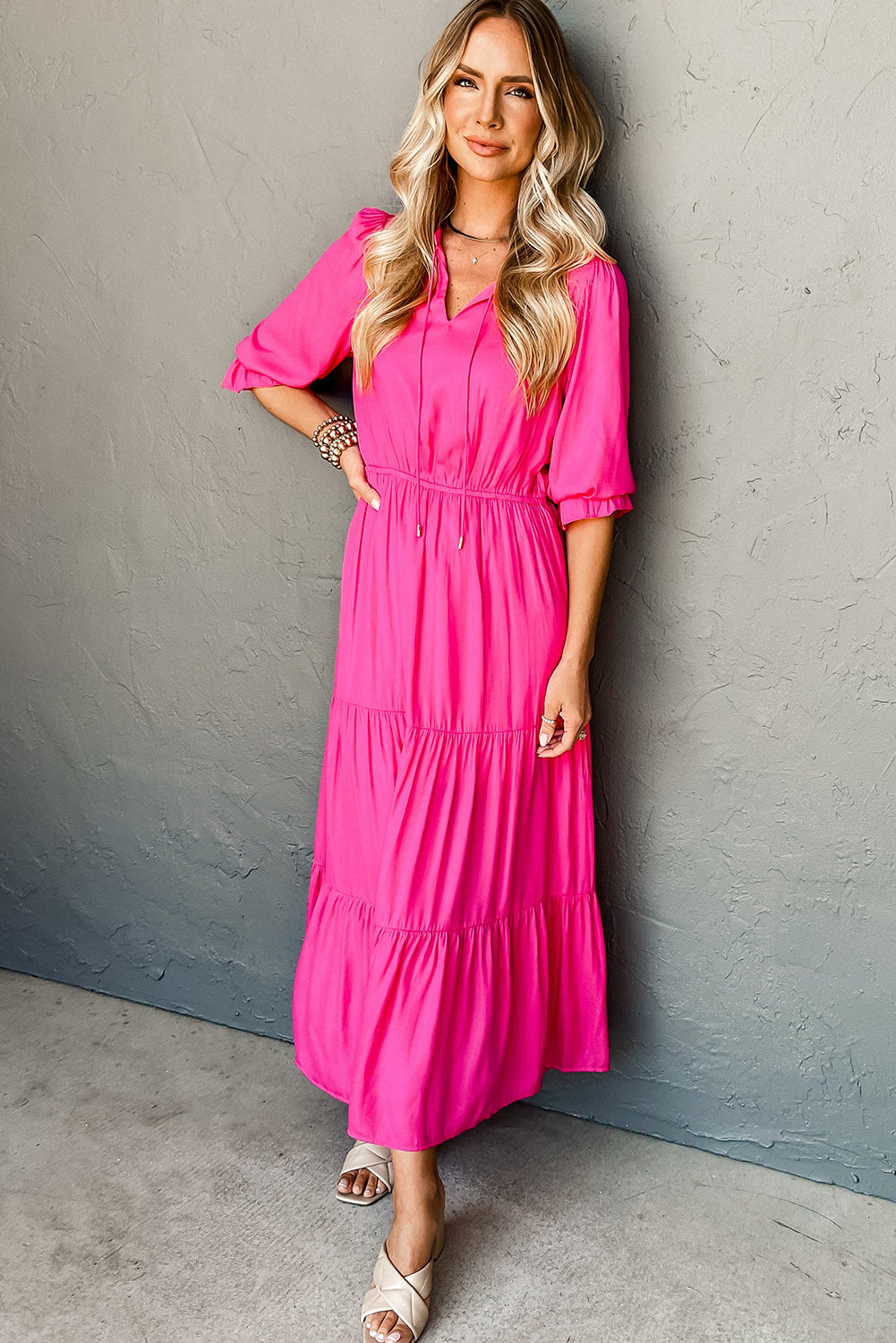 Strawberry Pink Flounce Bracelet Sleeve V Neck Tiered Maxi Dress