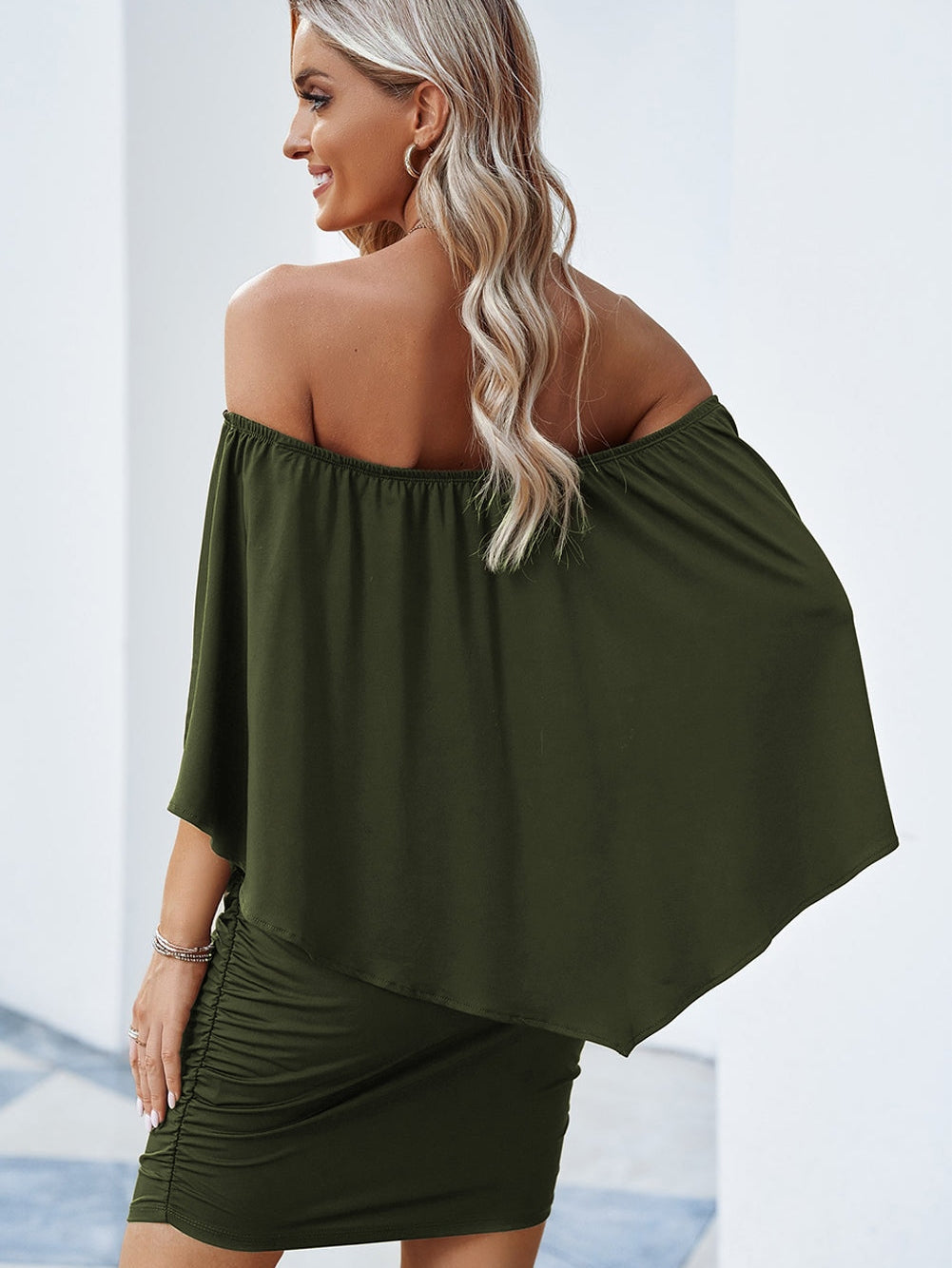 Layered Army Green Ruffle Poncho Mini Dress