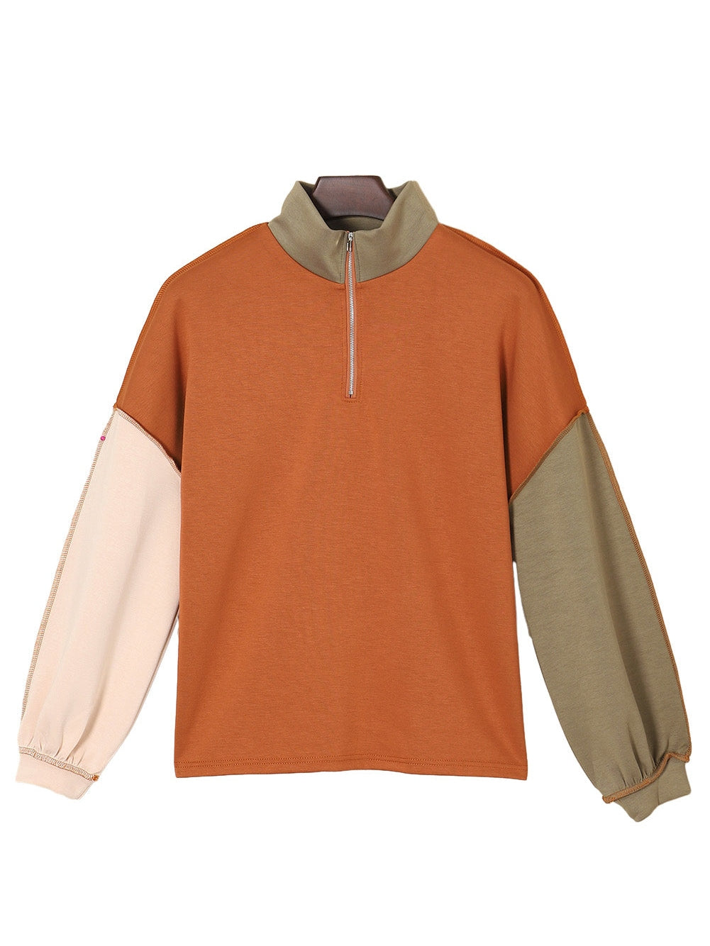 Khaki Zippered V-Neck Color Block Sweatshirt