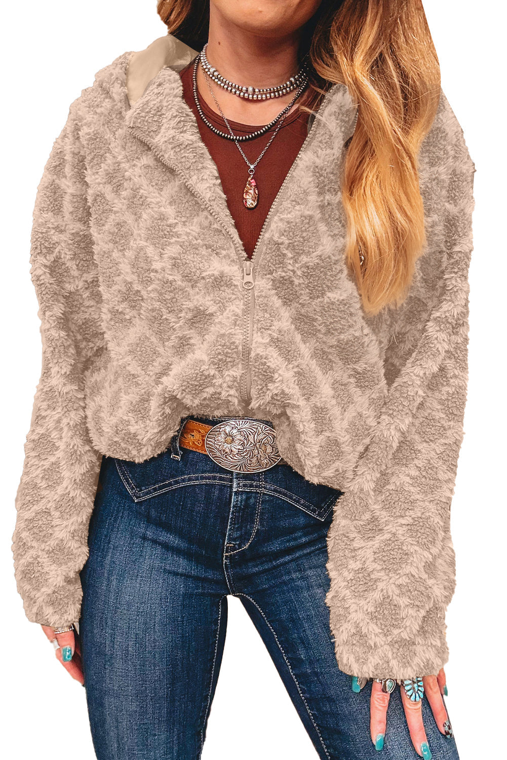 Beige Sherpa Rhombus Zip Up Side Pocket Hooded Jacket