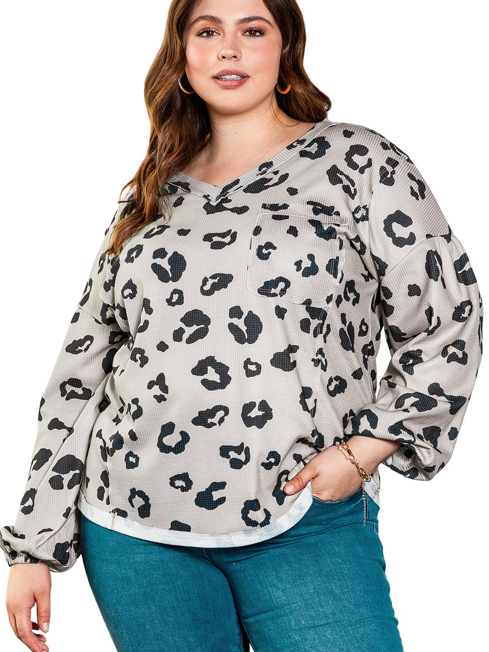 Gray Printed Leopard Balloon Sleeve Thermal Knit Plus Size Top