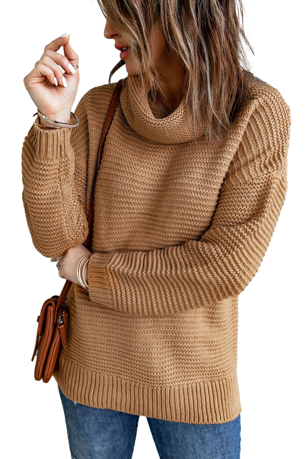 Khaki Warm and Cozy Turtleneck Sweater with Long Sleeves