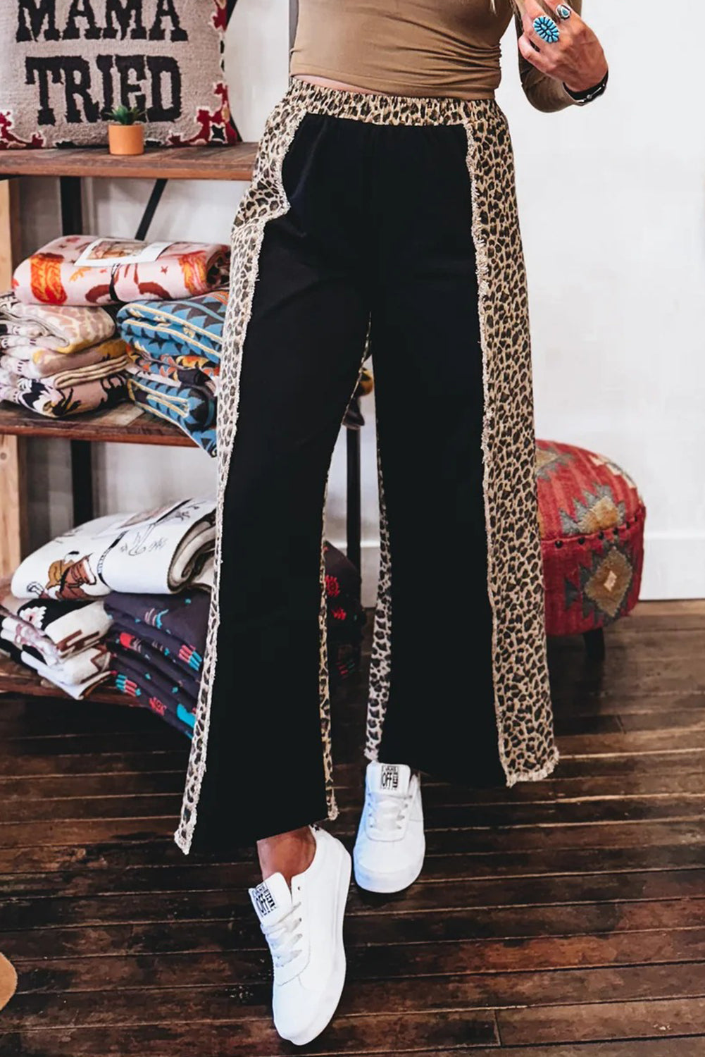 Black Frayed Seam Leopard Patchwork Wide Leg Jeans