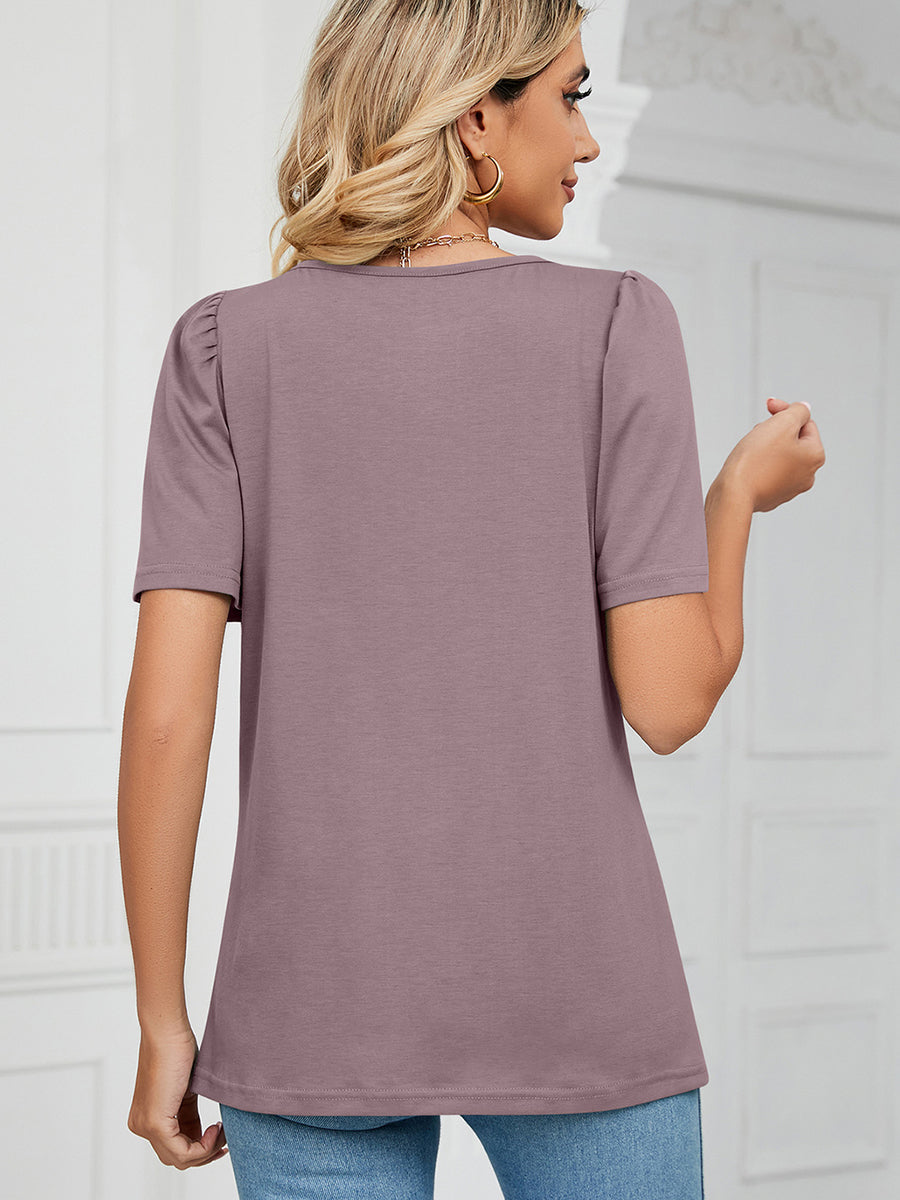 T-Shirts - Solid Square Neck Short Sleeve Loose T-Shirt - MsDressly
