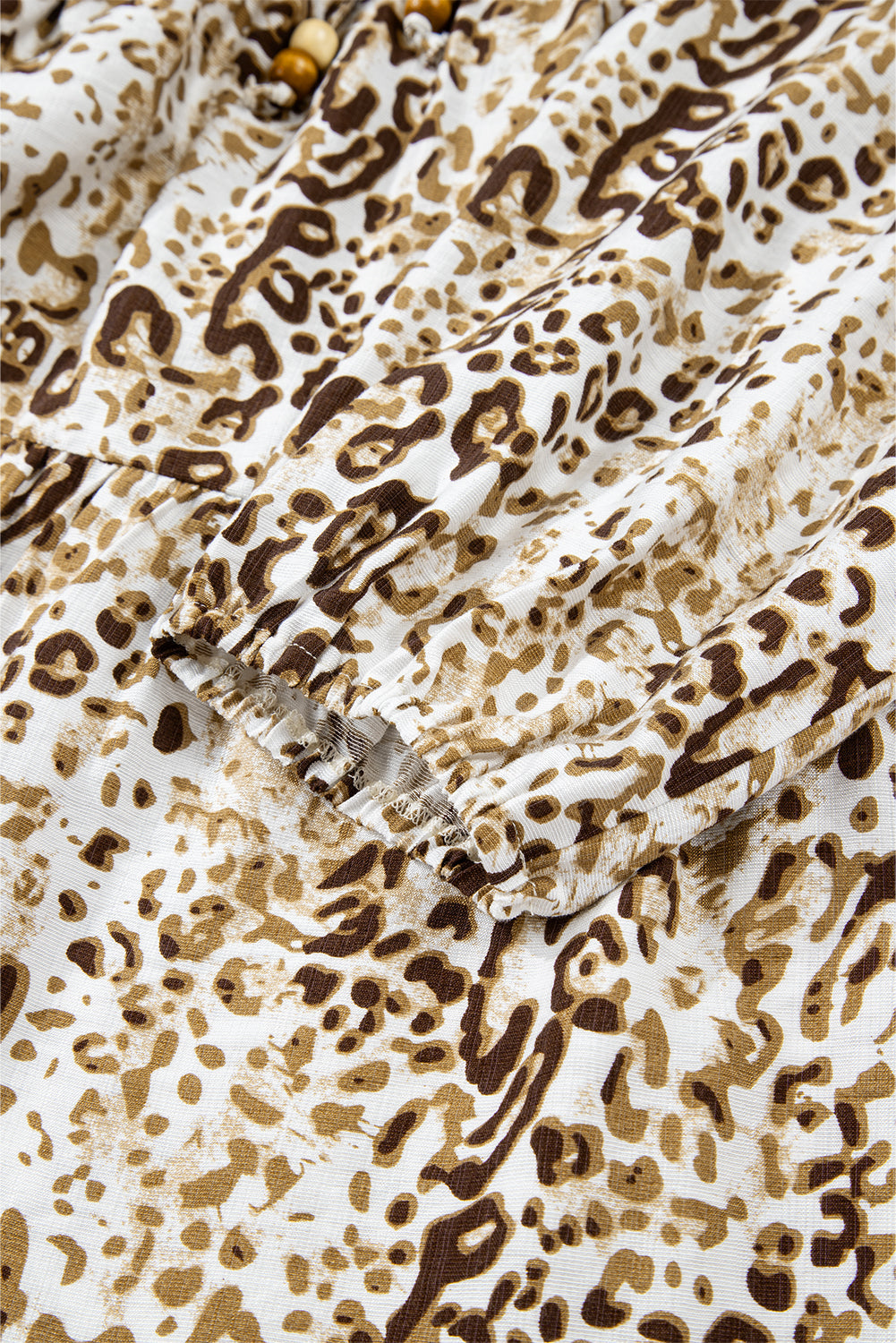 Khaki Leopard Print Long Sleeve Bead Tie V Neck Blouse