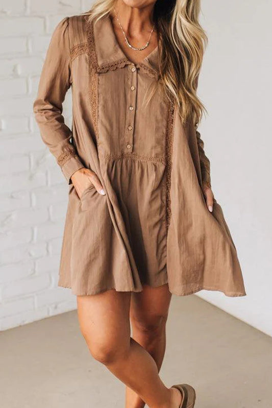 Straw Yellow Lace Trim Peter Pan Collar Long Sleeve Mini Shirt Dress