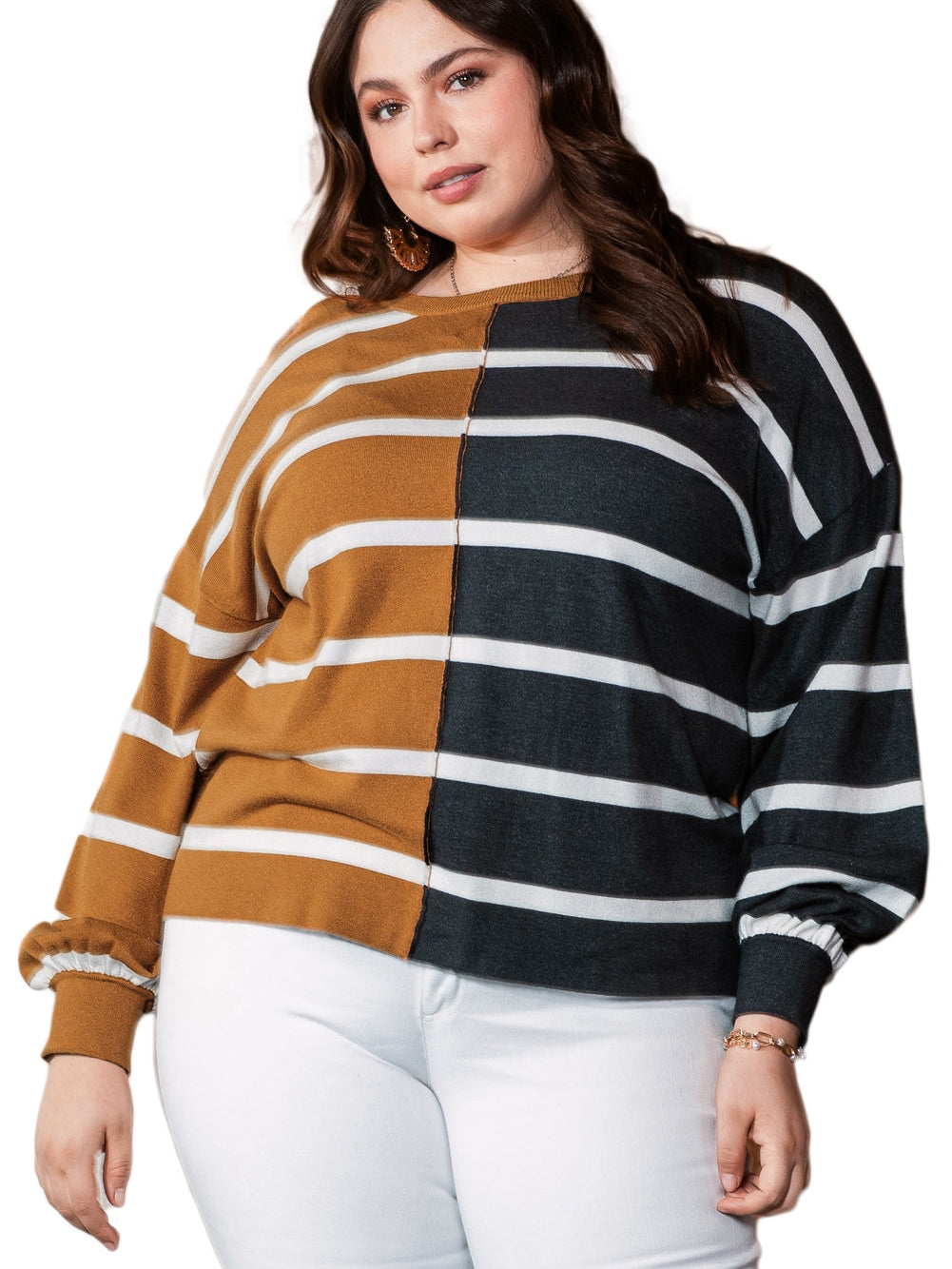 Plus Size Colorblock Striped Patchwork Loose Top