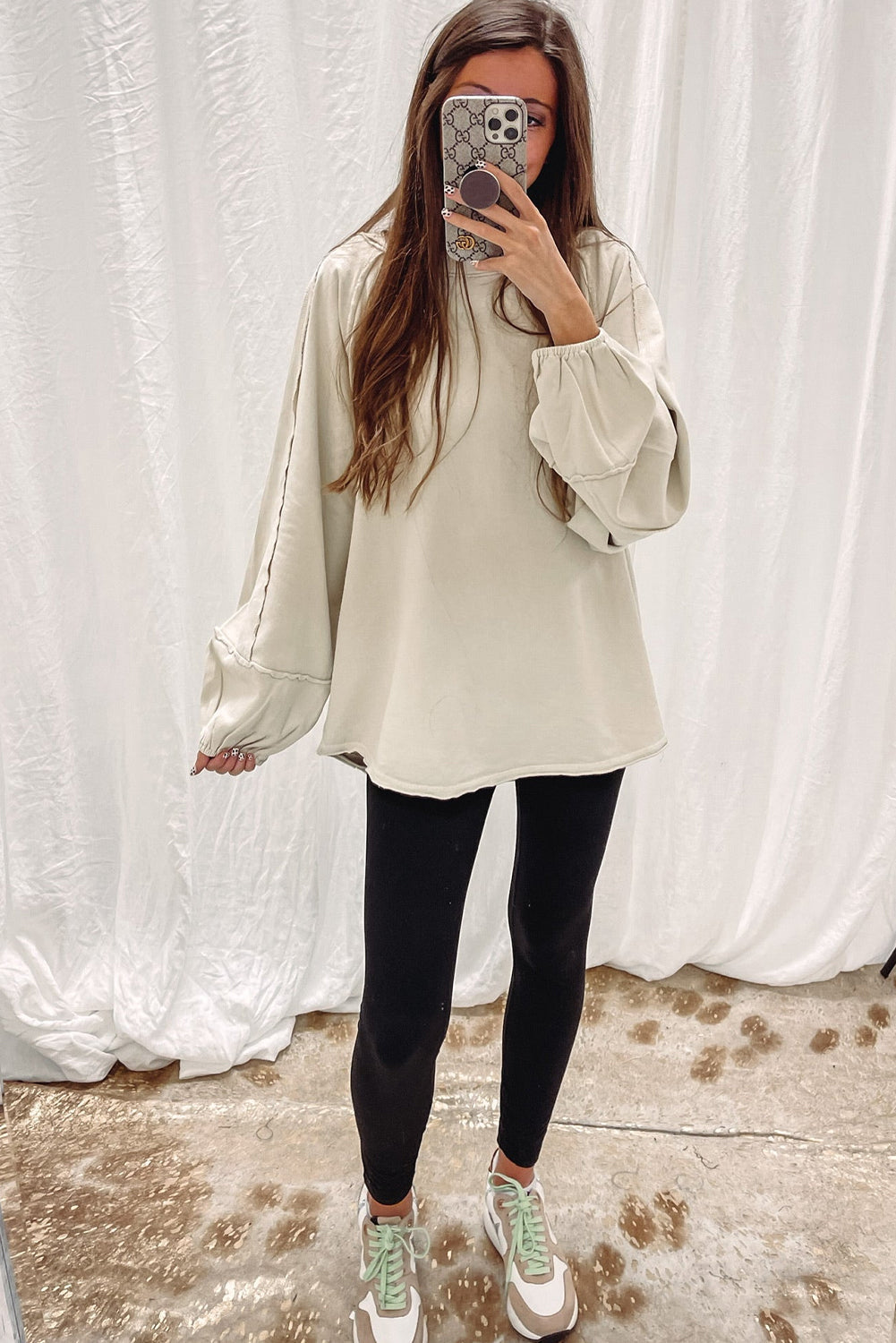 Beige Solid Color Raw Seam Patchwork Baggy Sweatshirt