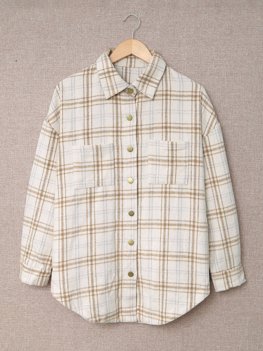 Khaki Plaid Button-Up Shirt Jacket with Side Slits