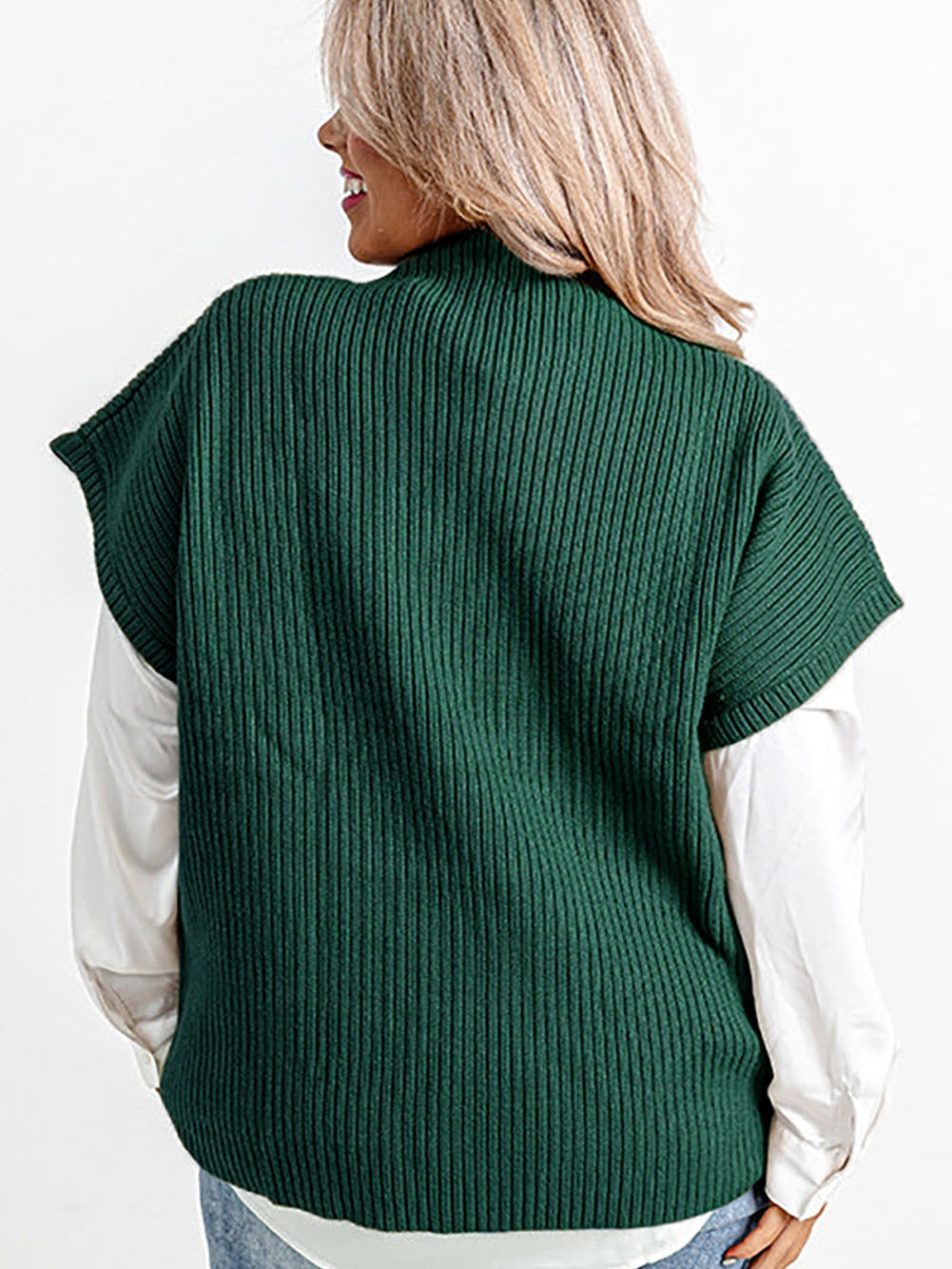 Jungle Green Plus Size Mock Neck Chest Pocket Short Sleeve Sweater